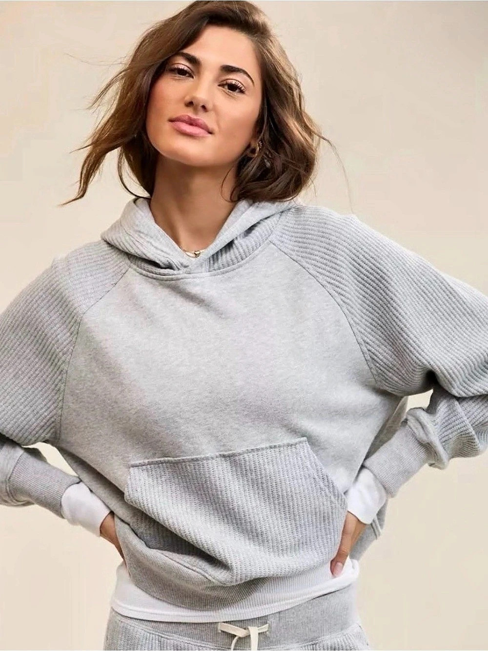 aerie Ribbed Sleeve Hoodie in beige